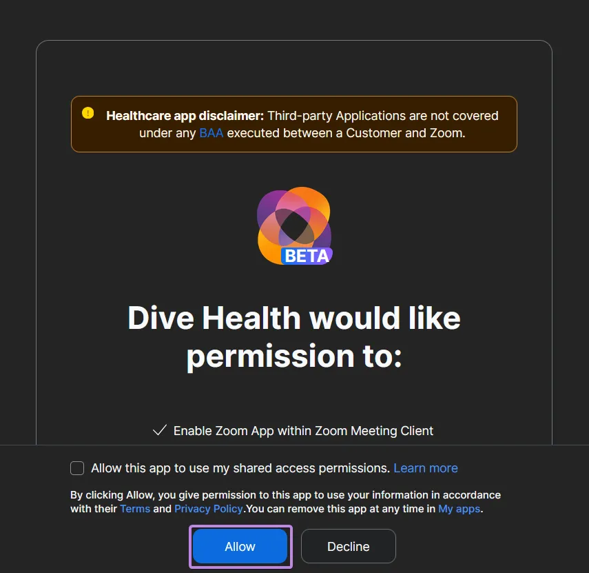 Authorize Dive in Zoom