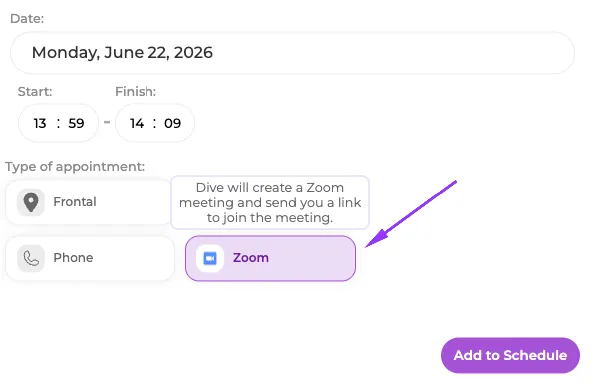 Choosing Zoom as the appointment type