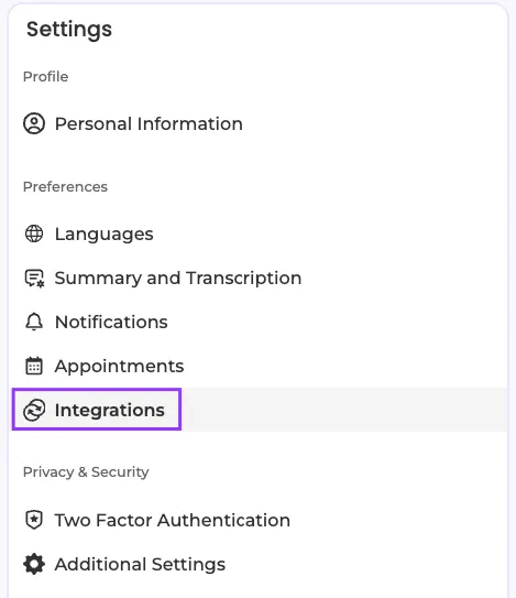 Dive Settings with the Integrations tab selected