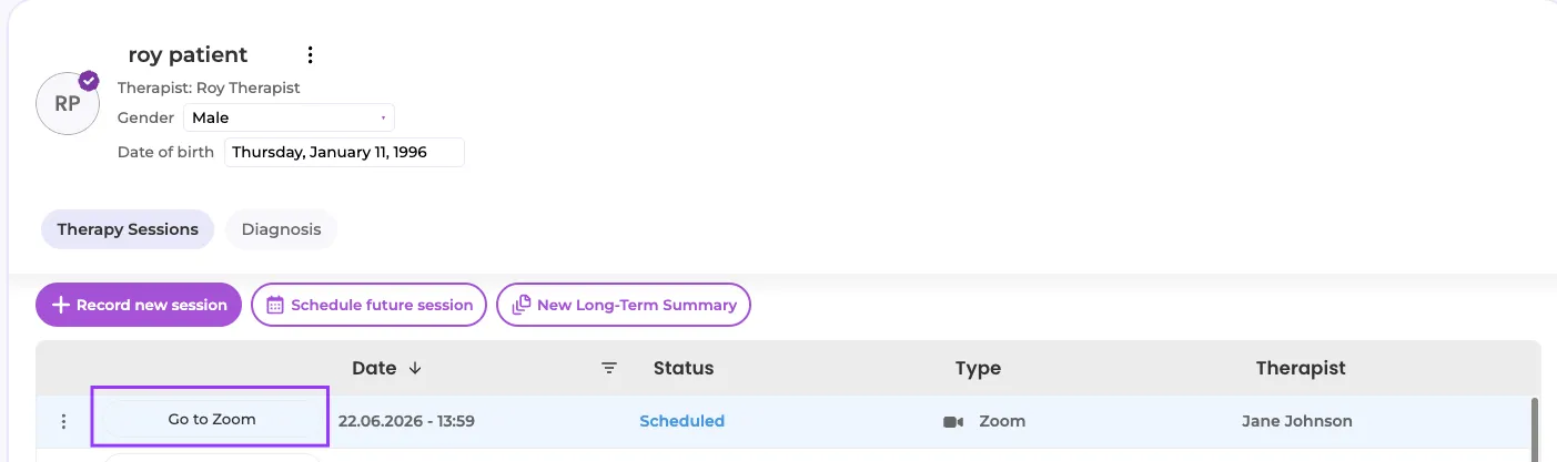 The Go to Zoom button on the scheduled session